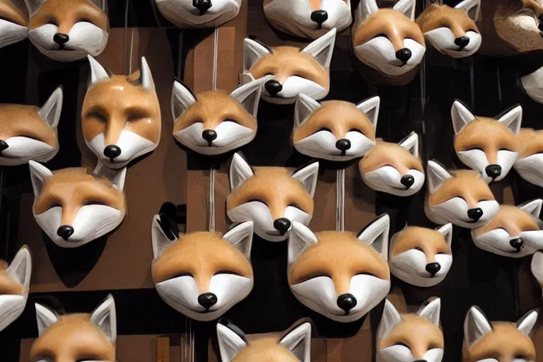 Image similar to Ceramic fox masks hanging in a museum