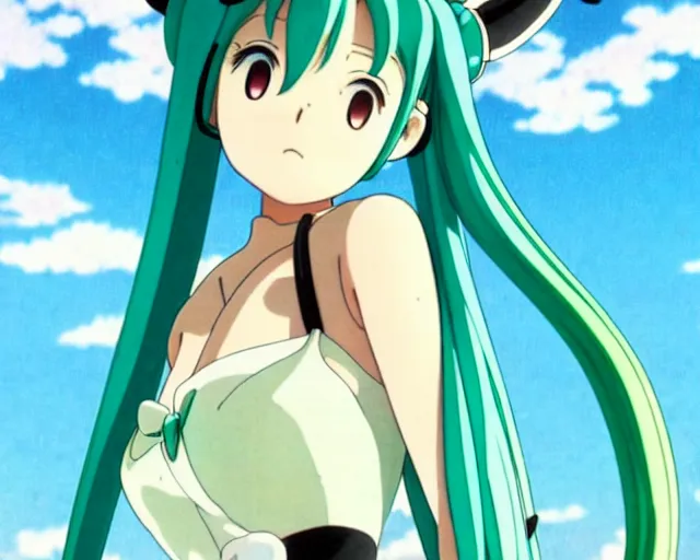 Prompt: anime fine details portrait of Hatsune Miku in pin-up outfit, bokeh. anime masterpiece by Studio Ghibli. 8k, sharp high quality classic anime from 1990 in style of Hayao Miyazaki