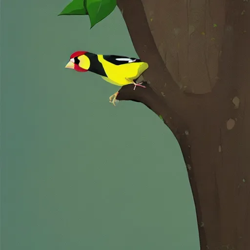 Prompt: Goldfinch collecting food from the ground for its young that are in a large tree, ilustration art by Goro Fujita