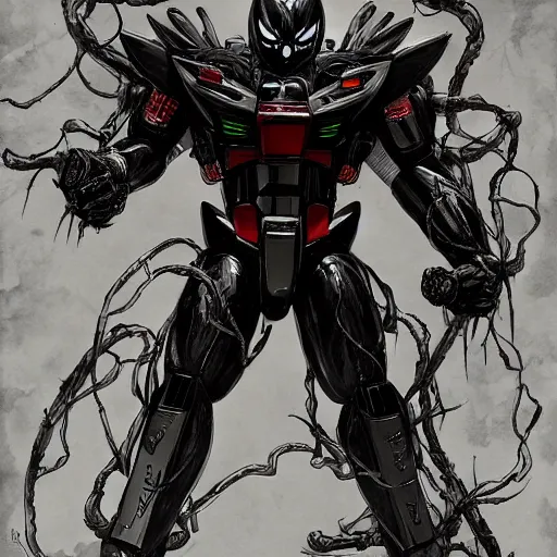 Image similar to Gundam exposed to the symbiote and became Venom.forest,horror, concept art,high detailed,fine art,trending on Artstation, smooth draw,Sharp focus.