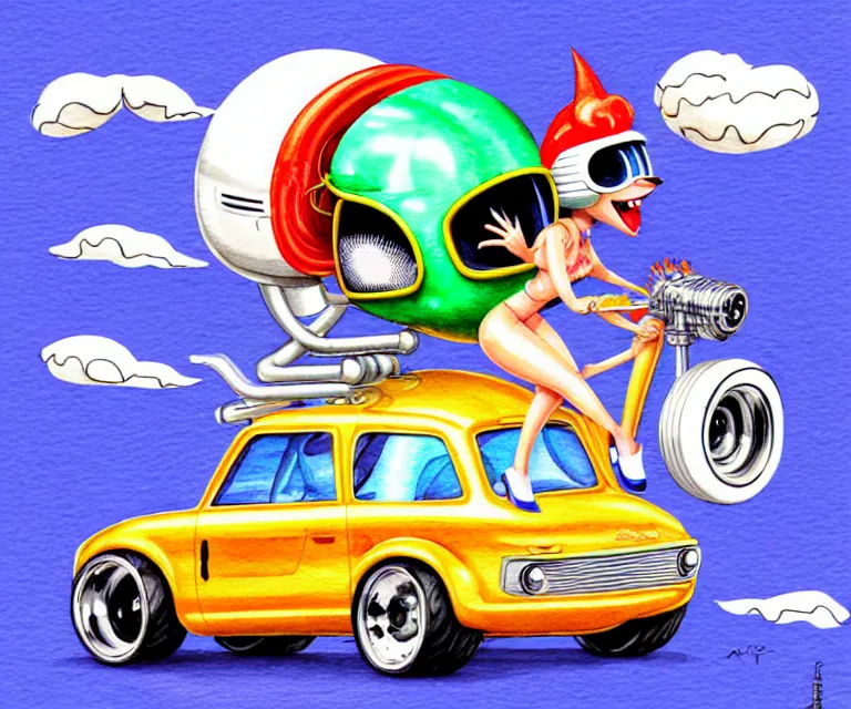 Image similar to cute and funny, lady gaga wearing a helmet riding in a tiny hot rod with an oversized engine, ratfink style by ed roth, centered award winning watercolor pen illustration, isometric illustration by chihiro iwasaki, edited by range murata, tiny details by artgerm and watercolor girl, symmetrically isometrically centered, sharply focused