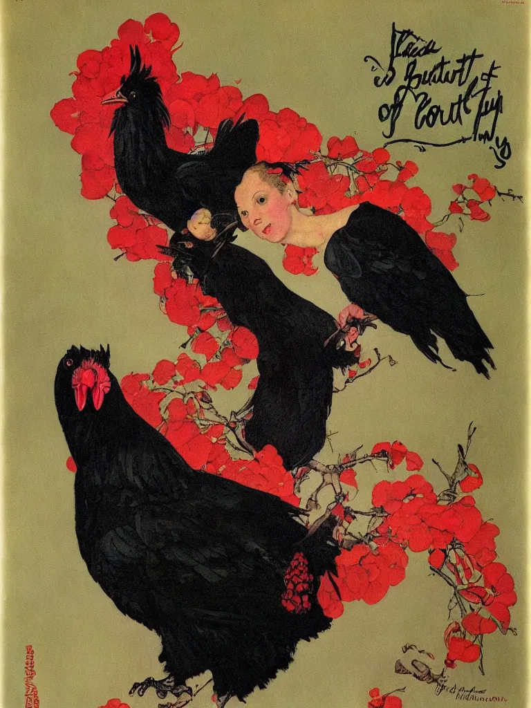 Image similar to a Portrait of a beautiful Black Chicken with a glorious red comb tattoo by Norman Rockwell