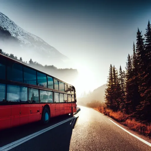 Prompt: bus on misty highway scene, the sun shining through the mountains