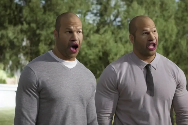 Image similar to key and peele as mark wahlberg and matt daemon, all faces are distorted contorted, shock, repulsion, disgust, frustration, annoyance, laughter, smirk, snicker, cinematic still, movie still, long lens, shallow depth of field, bokeh, anamorphic lens flare, 8 k