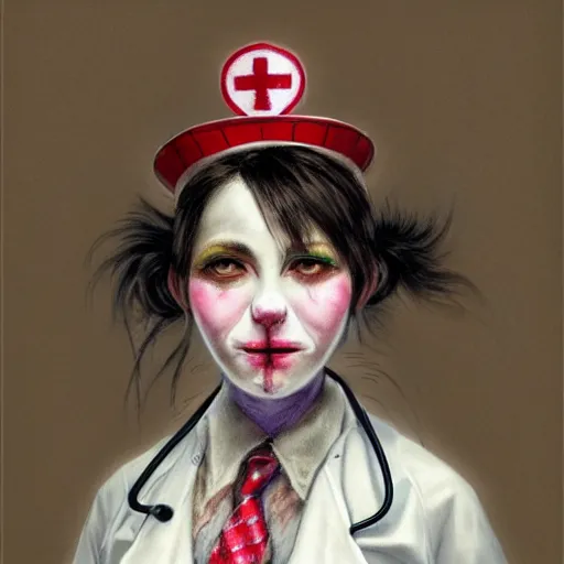 Image similar to clowncore pastel punk young hospital nurse wearing stylish uniform. detailed, portrait, 8 k, artwork by jean - baptiste monge