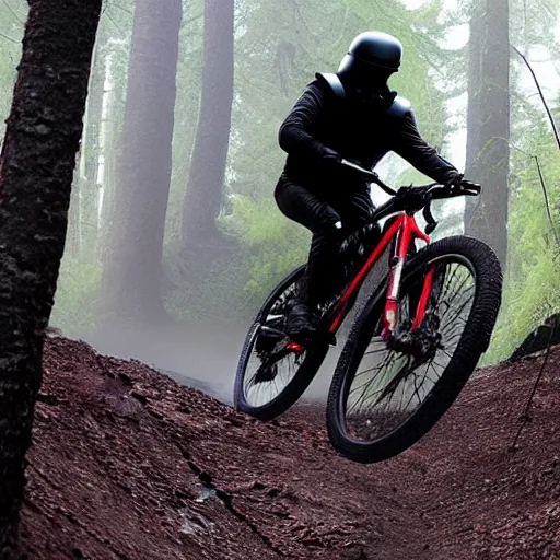 Image similar to darth vader ist riding a mountainbike fast through a burning forrest