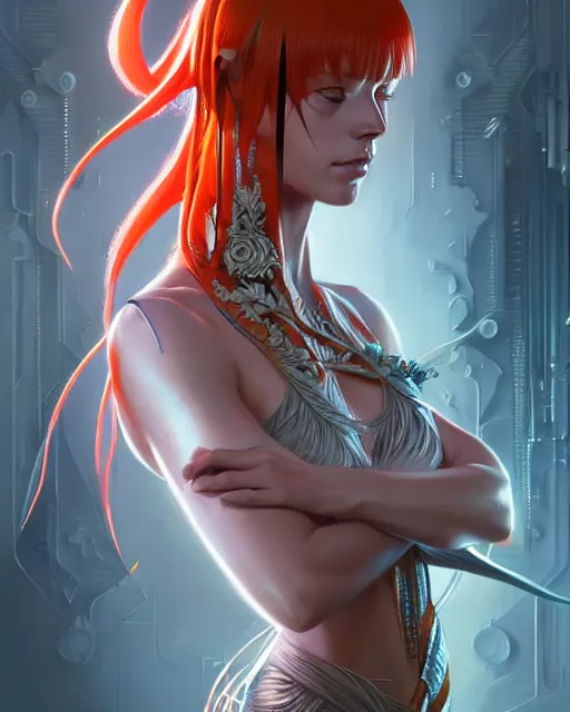 Image similar to Leeloo, The Fifth Element digital art, intricate flower designs, elegant, highly detailed, sharp focus, art by Artgerm and Greg Rutkowski and WLOP