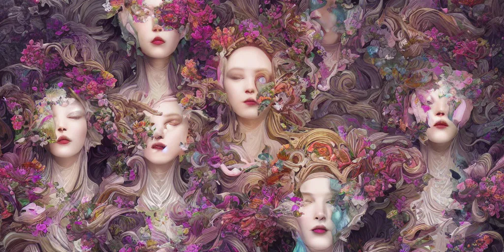 Image similar to breathtaking detailed concept art painting kaleidoscope art deco pattern of blonde faces goddesses amalmation flowers, by hsiao - ron cheng, bizarre compositions, exquisite detail, extremely moody lighting, 8 k