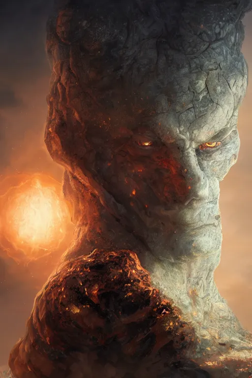 Prompt: fantasy character concept portrait, digital painting, wallpaper of a golem with skin of obsidian, with veins of magma and gold, renaissance nimbus overhead, by aleksi briclot, by laura zalenga, by alexander holllow fedosav, 8 k dop dof hdr, vibrant