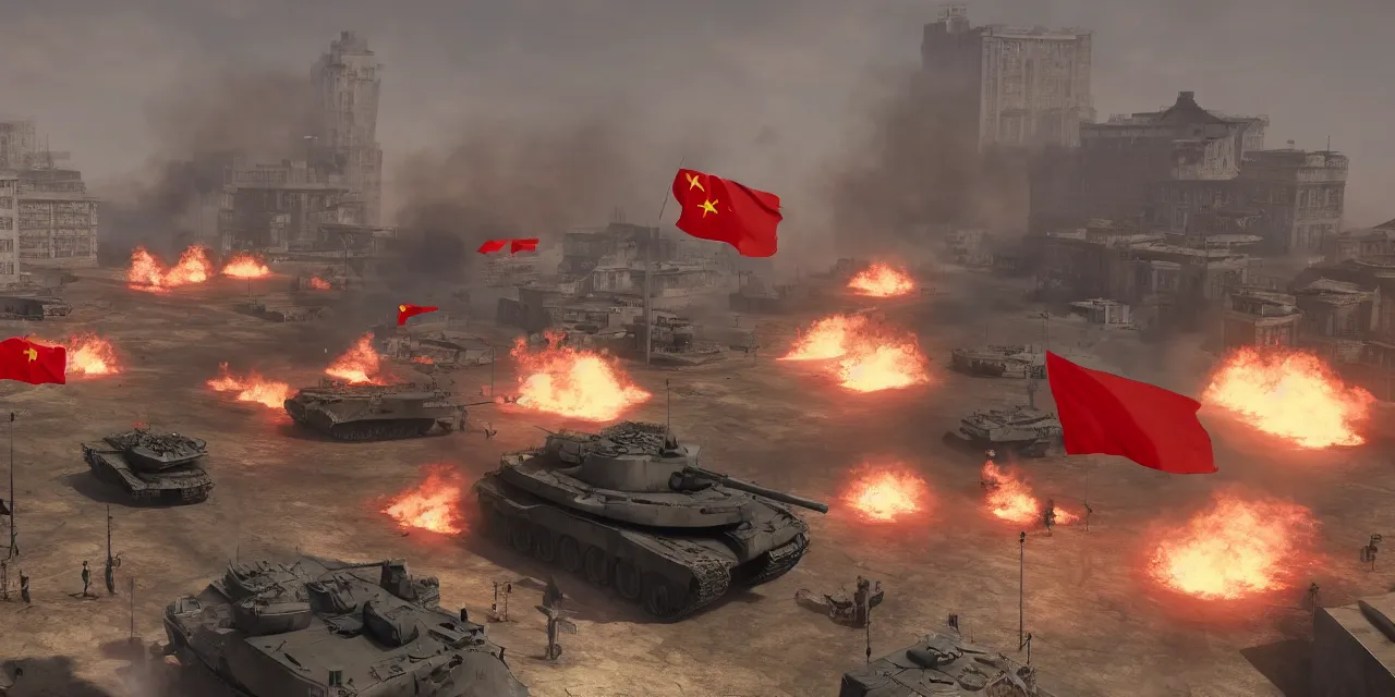 Image similar to tanks burning city, army, china, communist flag, volumetric lighting, unreal engine, realistic