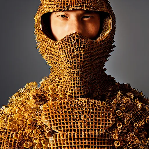 Prompt: a portrait of a beautiful young male wearing an alexander mcqueen armor made of honeycomb , photographed by andrew thomas huang, artistic