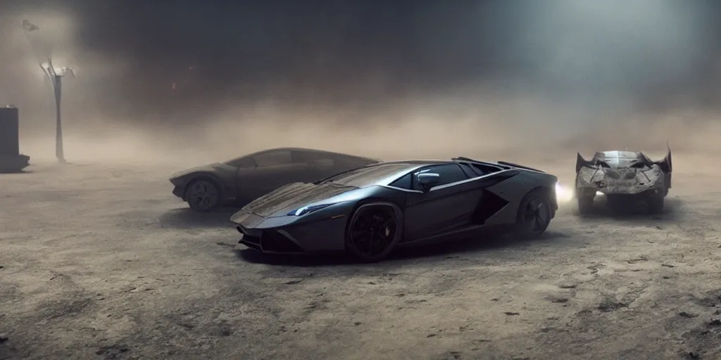 Image similar to A cinematic film still of a Lamborghini in the movie Blade Runner: 2049.