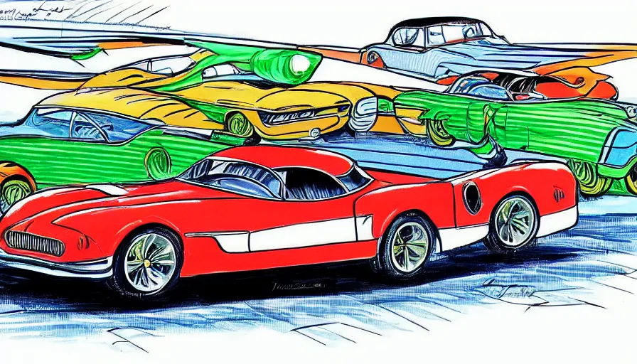 Prompt: 1955 pontiac firebird concept as drawn by Theodor Seuss Geisel with stripes and fur