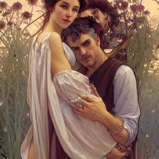 Prompt: great father of the family, his starry cloak, hugging his beautiful wife, and little glowing baby in her arms. beautiful painting by artgerm and greg rutkowski and alphonse mucha