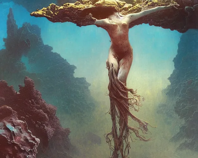 Prompt: falling in to eternity, underwater scene, painted by zdzislaw beksinski and artgerm and greg rutkowski and alphonse mucha and rene laloux