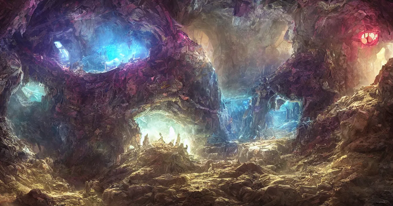 Image similar to futuristic archaeologists are excavating buried alien nest hidden in deep dark wet cave, deep sense of horror atmosphere, visual fidelity and plasticity, colorful digital art, vivid colors, in style of fenghua zhong