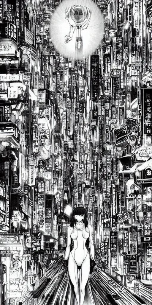 Prompt: beautiful and detailed anime drawing of an GHOST IN THE SHELL-like cyberpunk city landscape with light trail from a motorcycle at the bottom and a bridge silhouette at the top, China at night, 1980s, by Katsuhiro Otomo and mamoru oshii, wide angle, worm's eye view, grand, clean, colorful