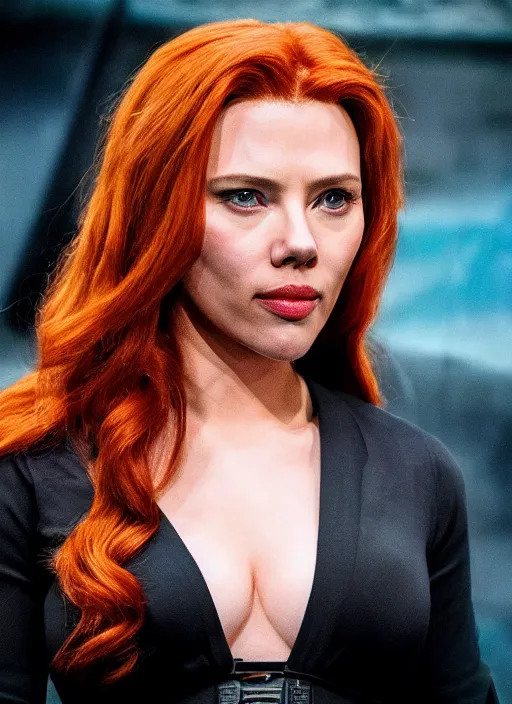 Prompt: scarlett johanson portraying a beautiful mara jade from star wars legends, in a black suit, without lightsaber, movie, hyper realistic, hollywood promotional image, imax, 8 k