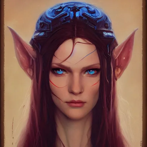 Prompt: A detailed matte oil on canvas head on symmetrical portrait of a beautiful elven woman with blue red eyes and red hair by greg rutkowski and Charlie bowater, trending on artstationhd, dungeons and dragons art