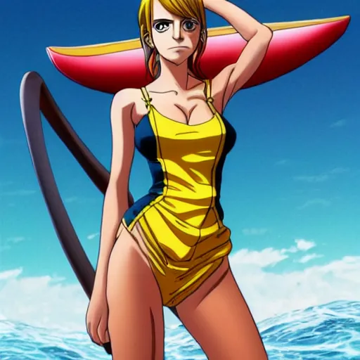 Image similar to A full body portrait of emma watson as Nami from one piece