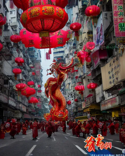 Image similar to chinese new year decoration, chinese new year parade, dragon float, monks, giant asian gods, crowd of people, street, poor buildings, hong kong buildings, kowloon, slums, cyberpunk, ghost in the shell, dramatic lighting, trending on Artstation, 8k, highly realistic, hyper detailed, unreal engine 5, IMAX quality, realistic, cinematic, epic lighting, realistic, Matte Painting, masterpiece,