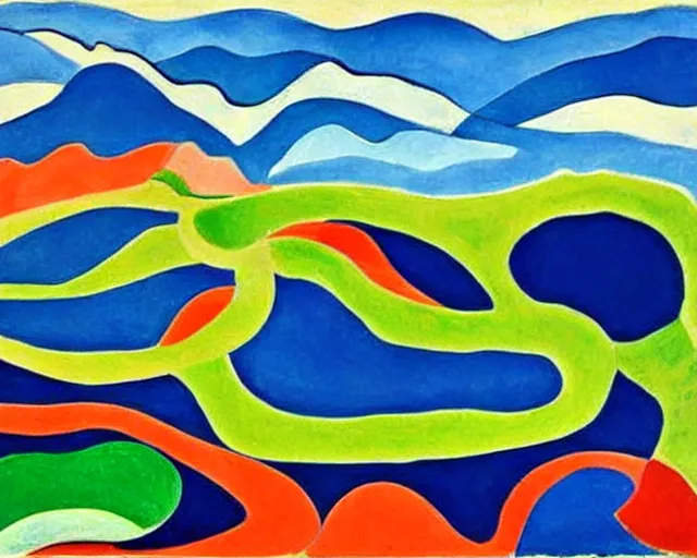 Image similar to Matisse landscape painting. Insane, modernist. Wild energy patterns rippling in all directions. Curves, organic, zig-zags. Saturated color. Mountains. Clouds. Waves. Rushing rivers.