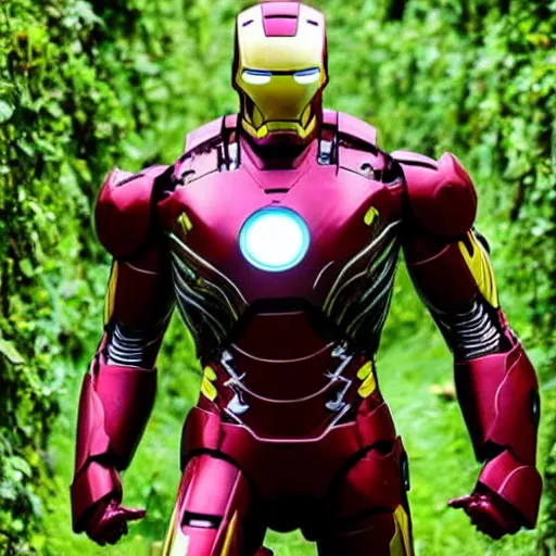 Image similar to abandoned iron man suit covered in vines, 4k realistic photo