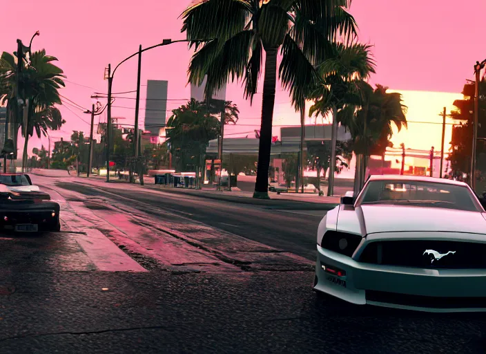 Image similar to still next - gen ps 5 game grand theft auto 6 2 0 2 4 remaster, graphics mods, rain, red sunset, people, rtx reflections, gta vi, miami, palms and miami buildings, photorealistic screenshot, unreal engine, 4 k, 5 0 mm bokeh, close - up ford mustang, gta vice city remastered, artstation