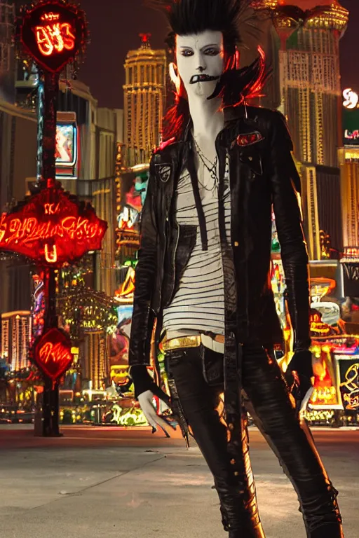Prompt: full body portrait of a punk vampire on the Las Vegas strip at night, by shan qiao, cinematic, hyper realism, high detail, octane render, 8k, CGsociety, concept art