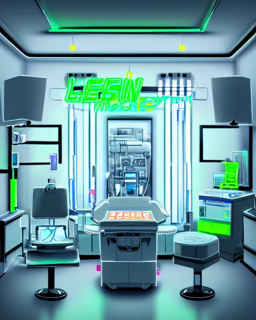 Image similar to neon surgery machine cyberpunk futuristic, in a white room realistic shaded