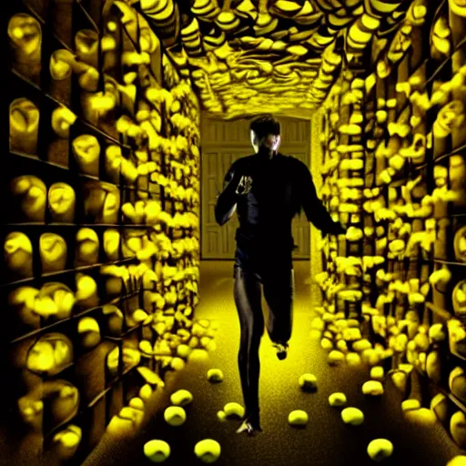 Prompt: A psychotic man running through a darklight maze, picking up glowing yellow pills and eating them