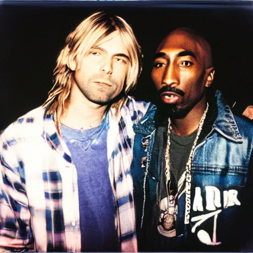 Image similar to Polaroid photograph of Kurt Cobain and Tupac Shakur in a club, blurry, XF IQ4, 150MP, 50mm, F1.4, ISO 200, 1/160s, natural light, Adobe Lightroom, photolab, Affinity Photo, PhotoDirector 365,