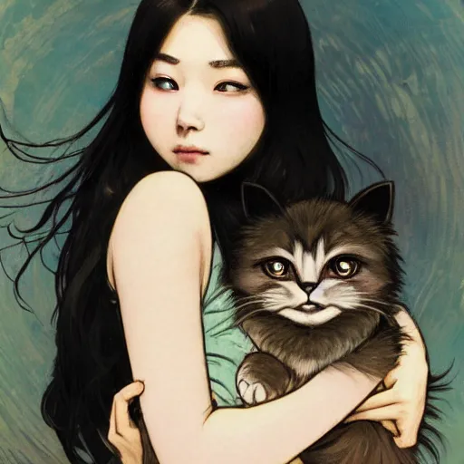 Image similar to cute emo taiwanese woman, with long dark hair, thick eyebrows!!! dark eyes and dark circles!, wide nose!!!, big eyes, oval face shape, big cheeks!, she is holding a cat in her arms, by juan villafuerte, greg rutkowski and alphonse mucha, pexels contest winner, high quality photo, hd rtx