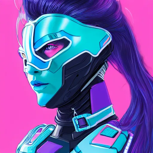 Prompt: a stunning upper body portrait of a beautiful young woman wearing futuristic navy blue and teal battle bodyarmor and pauldrons and ombre purple and pink hairstyle with hair blowing in the wind, by marvel comics, neon, highly detailed, fine detail, intricate, digital art, trending on artstation