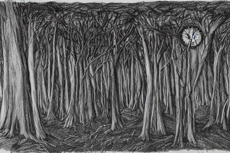 Prompt: forest of the soul, eyes of strange creatures hiding in the dark waiting to devour, snakes to strangle, cobwebs and old trees, a glimpse of hope, ink and ballpoint