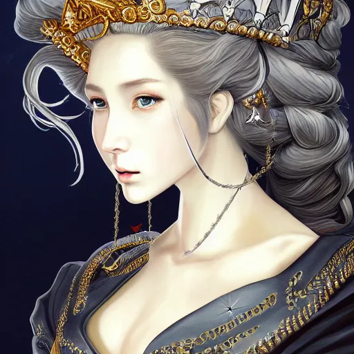 Prompt: portrait of a queen, baroque style, elegant, beautiful, mesmerizing, concept art, fancy clothing, highly detailed, artstation, behance, deviantart, inspired by innocent manga, inspired by castlevania concept art, trending, ayami kojima, shinichi sakamoto