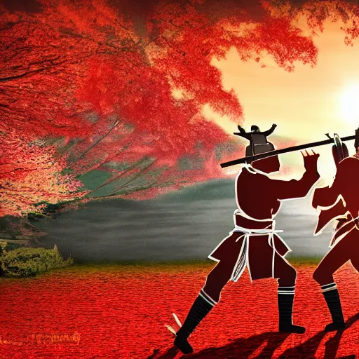 Prompt: samurai duel, both samurai have katana drawn, in a fighting pose, sunset in the background, cherry trees blossoming and Japanese maple trees, autumn, high quality, 4k