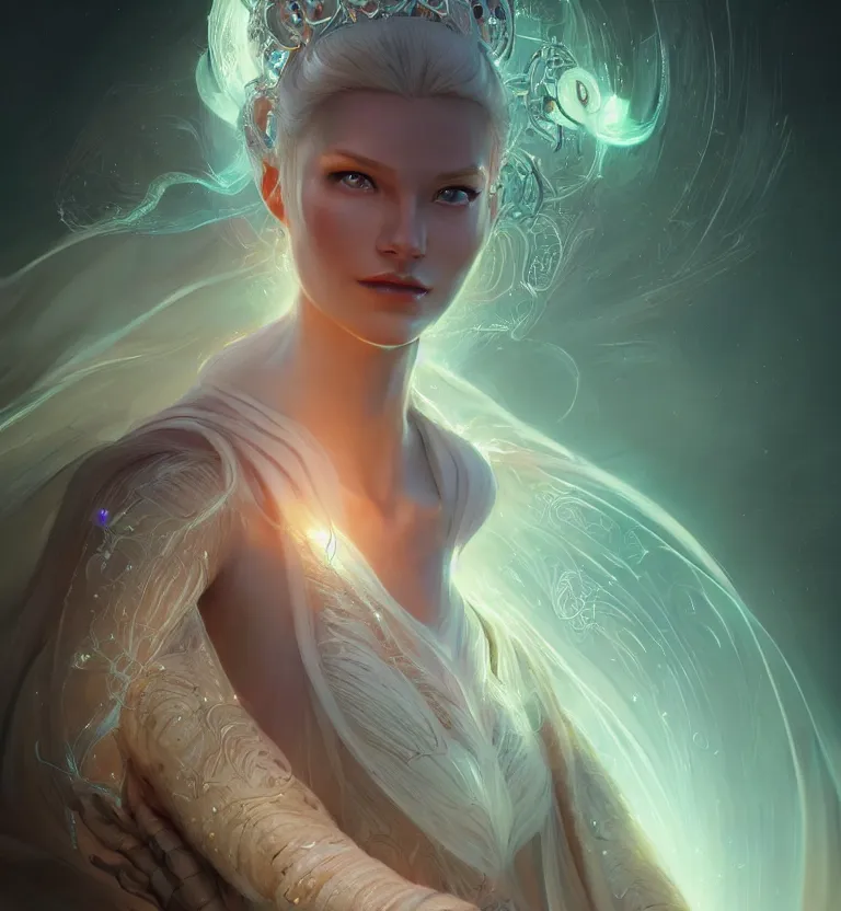 Image similar to portrait of a beautiful princess in robe. bio luminescent biomechanical halo around head. artwork by jarold Sng by artgerm, by Eddie Mendoza, by Peter mohrbacher by tooth wu, unreal engine, octane render, cinematic light, high details, iridescent colors, dichroic, macro