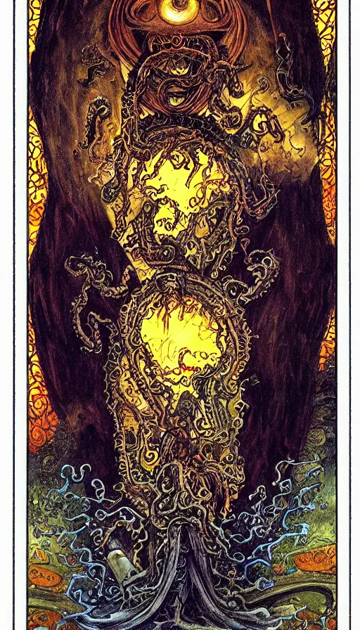 Image similar to lovecraftian cultist tarot card yoshitaka amano jean giraud rococo