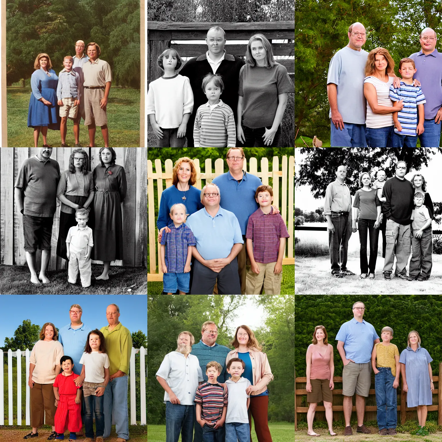 Prompt: portrait of family of three, husband wife and son, king of the hill by mike judge, hill family, hank peggy bobby, standing in front of a wooden fence, neutral expressions, professional family portrait, family of three,