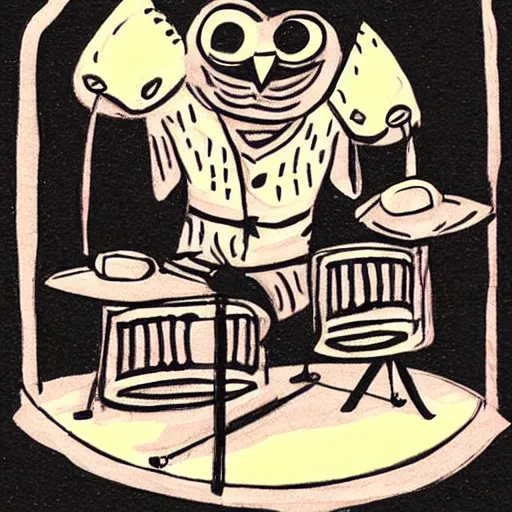 Image similar to concept art of an angry owl playing drums