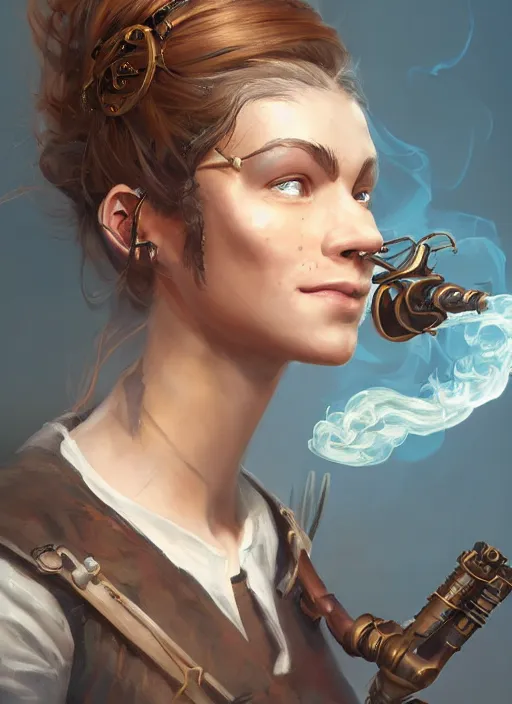 Prompt: Portrait of young steampunk female inventor, D&D fantasy, her hair is tied in a ponytail, smoke is in the air, she has a joyful expression and is covered in dirt. Intricate, highly detailed, digital painting, artstation, concept art, sharp focus, illustration, art by greg rutkowski and Ross Tran