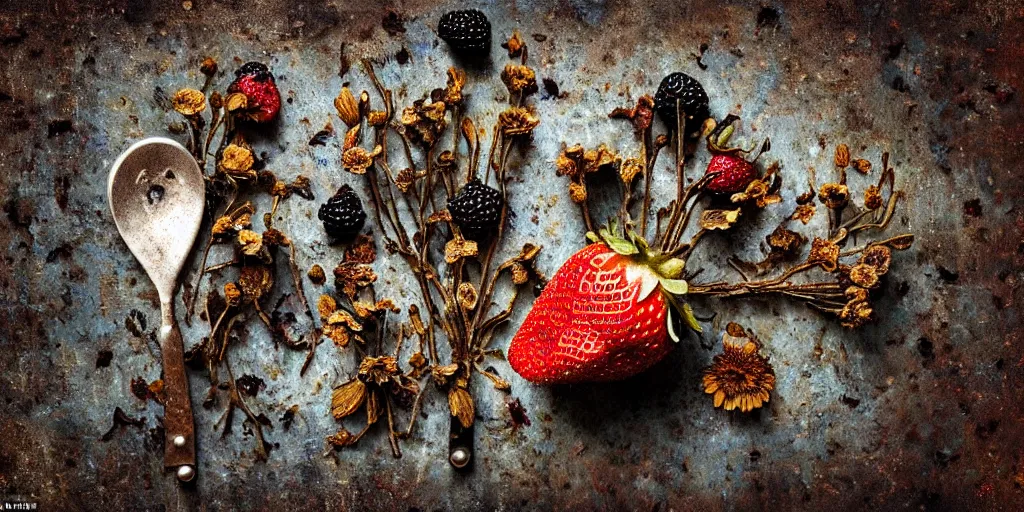 Prompt: side view, decaying rotting strawberry and blackberry, moldy, on an antique distressed table top, dried flowers, metal kitchen utensils, old kitchen backdrop, dark kitchen, style by peter lippmann, intricate detail,