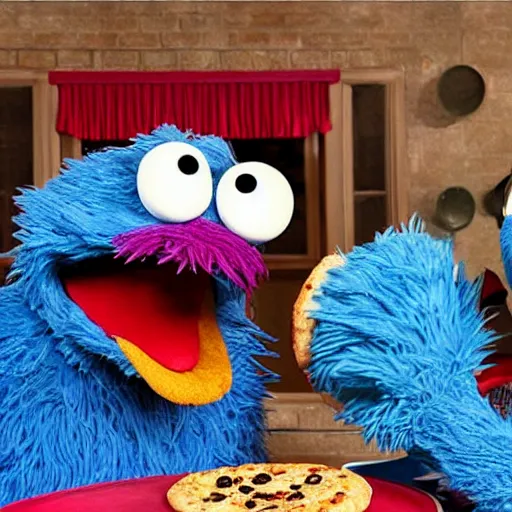 Image similar to Cookie Monster Muppet on Sesame Street eating pizza in secret, happy