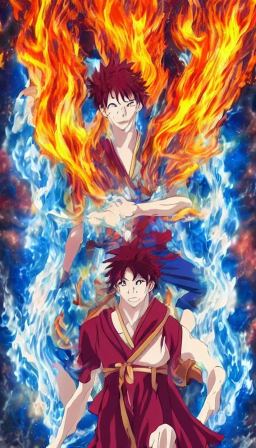 Image similar to a high quality anime still of fire and water mixing together, conveying a sense of balance inspired by the Temperance tarot card,