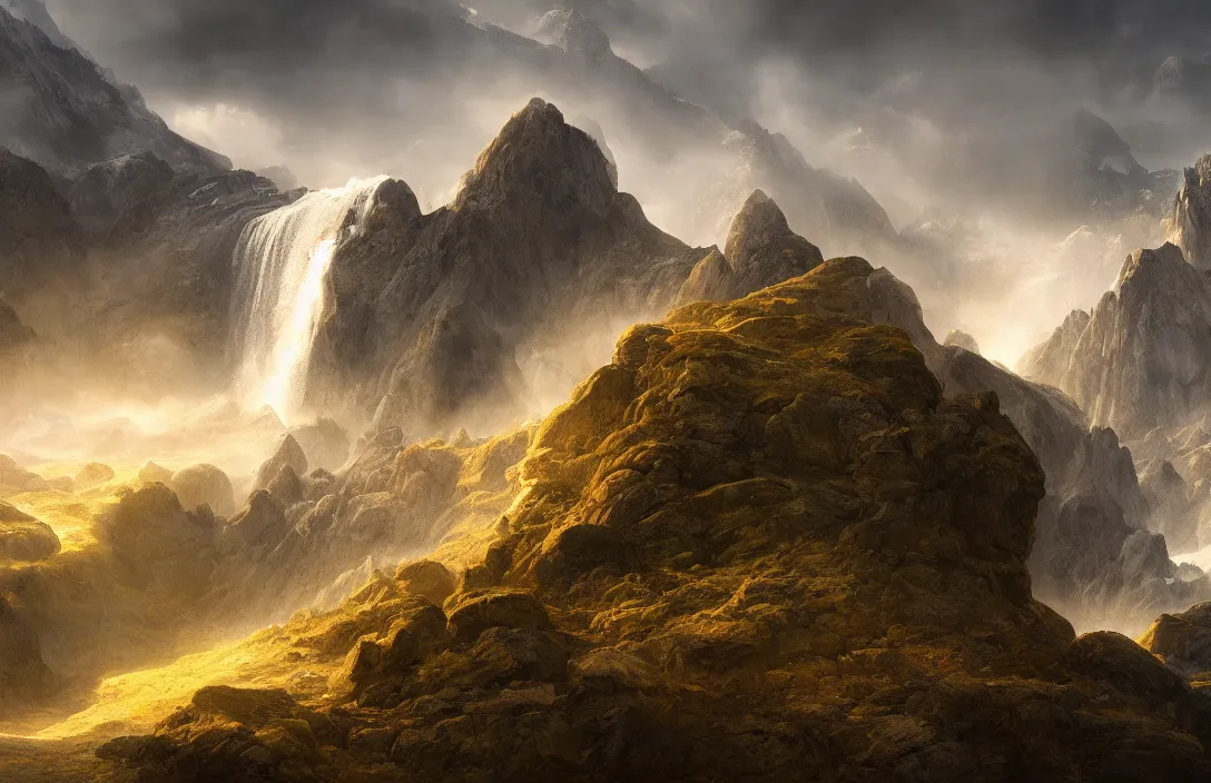 Image similar to a huge arc of a mountain far away in a hans - werner sahm inspired landscape, detailed dreamscape, hyperreal phantastic landscape, golden ratio, high aestehtic, waterfall cascades, cinematic light dramatic light, trending on artstation
