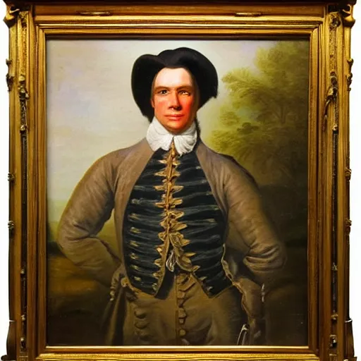 Image similar to Jerma985 wearing a colonial wig in an 18th century 1700's Painting, detailed, highly detailed, heroic, epic, complex, very detailed, realistic, HD quality, 8k resolution, body and headshot, Oil Painting, 18th century Painting of Jerma985, 18th century, 1700's Painting Style, Painting, Trending on Artstation