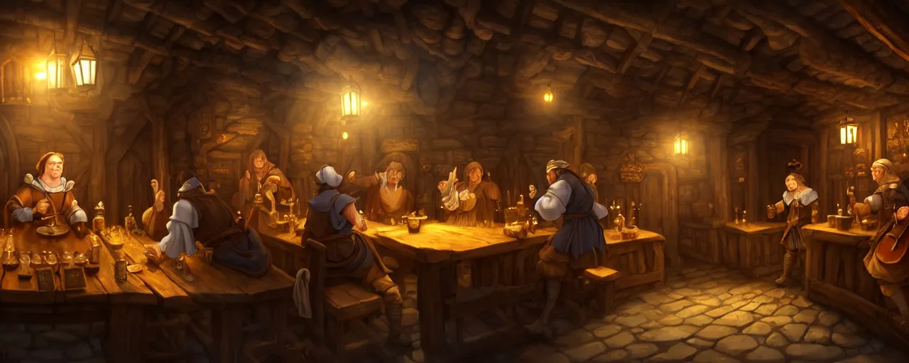 Image similar to A medieval cozy tavern with a bard on a stage on the centre of the frame, screenshot from anime hidden object game, cinematic lighting, epic composition, cartoon, animation, background art, post processing, 8K resolution, elegant, highly detailed, digital painting, artstation, concept art, matte, sharp focus, illustration, art by da Vinci, Artgerm and Greg Rutkowski and Alphonse Mucha, Fire Emblem inspiration, RPG inspiration, JRPG inspiration