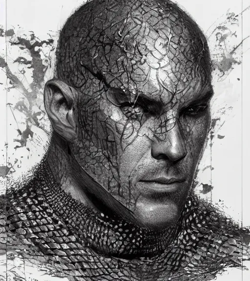 Prompt: portrait of strong bald man with scars in intricate dragonscale armor, pen and ink, intricate line drawings, by craig mullins, ruan jia, kentaro miura, greg rutkowski, loundraw