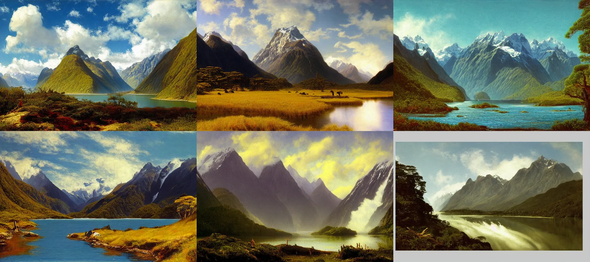 Prompt: fiordland national park in the style of dr. seuss, painting by albert bierstadt